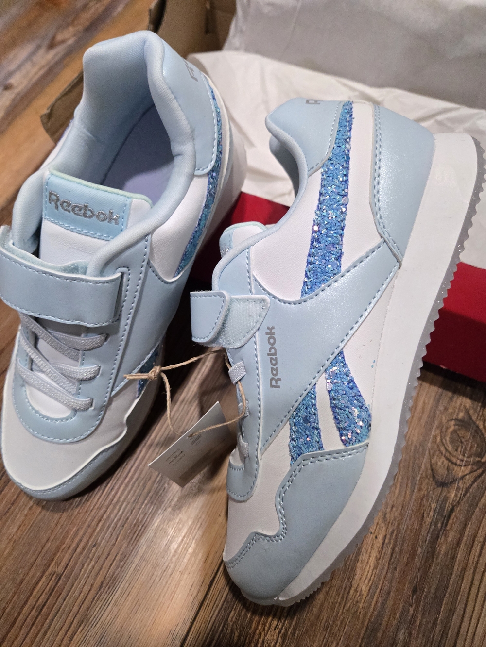 Reebok Kids Light Blue and White Sneakers with Blue Glitter Stripe